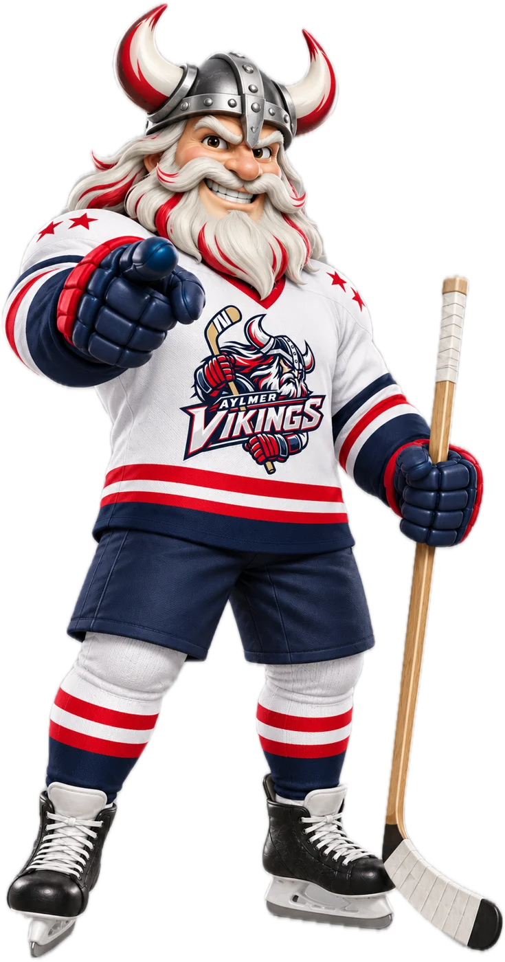 La mascotte des Vikings d'Aylmer : un Viking en uniforme blanc de hockey, bâton à la main